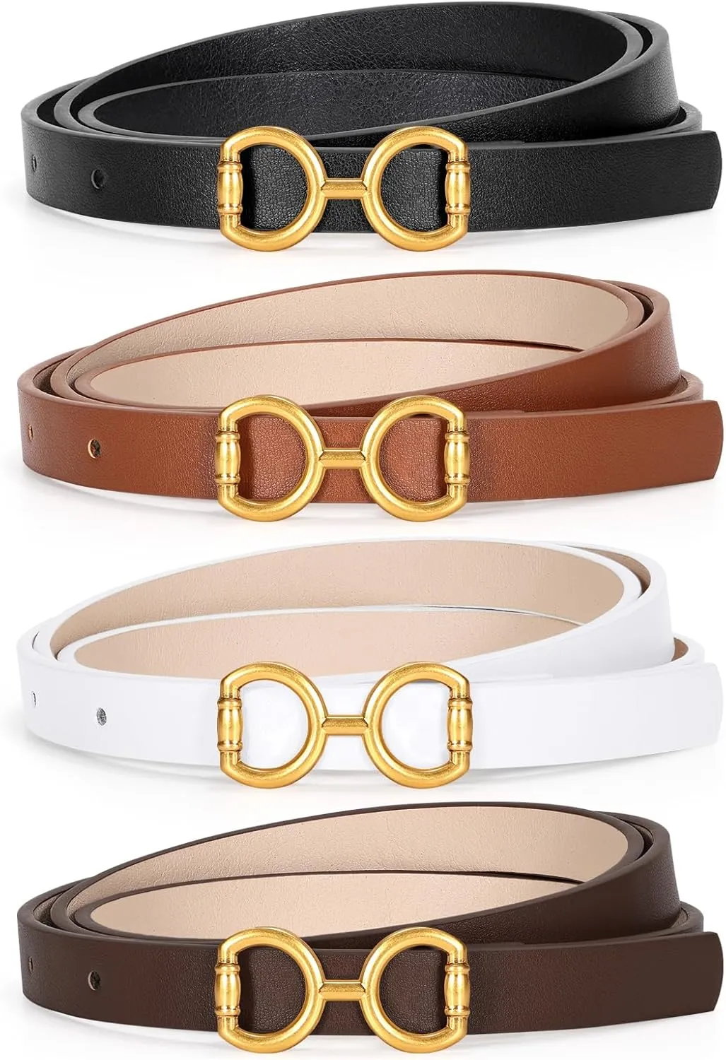 CESCOSI 4 Pack Skinny Women Leather Belt for Dresses Thin Waist Belt for Jeans Pants with Gold Buckle