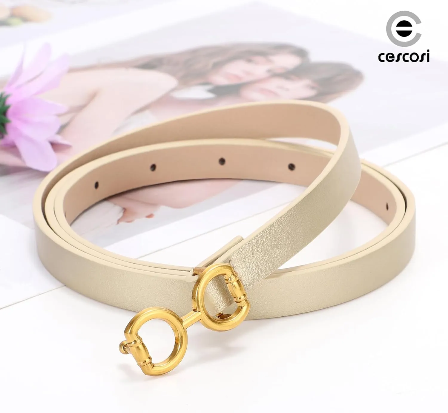 CESCOSI 4 Pack Skinny Women Leather Belt for Dresses Thin Waist Belt for Jeans Pants with Gold Buckle