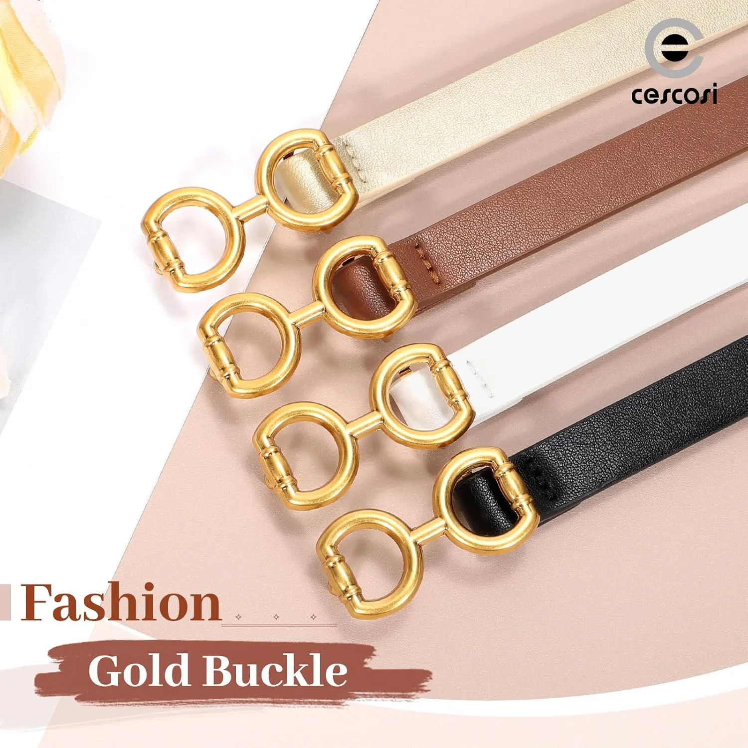 CESCOSI 4 Pack Skinny Women Leather Belt for Dresses Thin Waist Belt for Jeans Pants with Gold Buckle