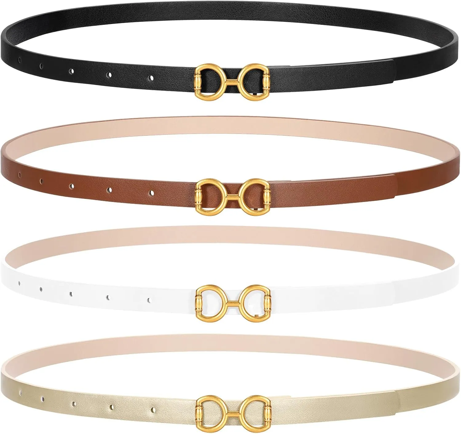 CESCOSI 4 Pack Skinny Women Leather Belt for Dresses Thin Waist Belt for Jeans Pants with Gold Buckle