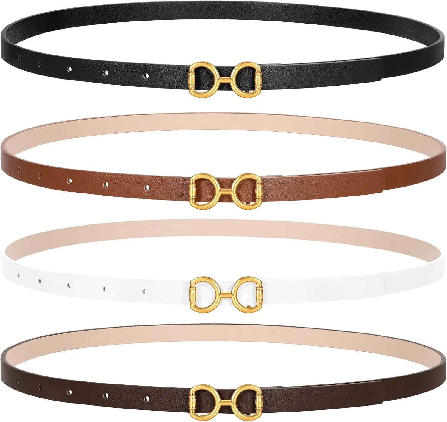 CESCOSI 4 Pack Skinny Women Leather Belt for Dresses Thin Waist Belt for Jeans Pants with Gold Buckle