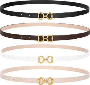 CESCOSI 4 Pack Skinny Women Leather Belt for Dresses Thin Waist Belt for Jeans Pants with Gold Buckle