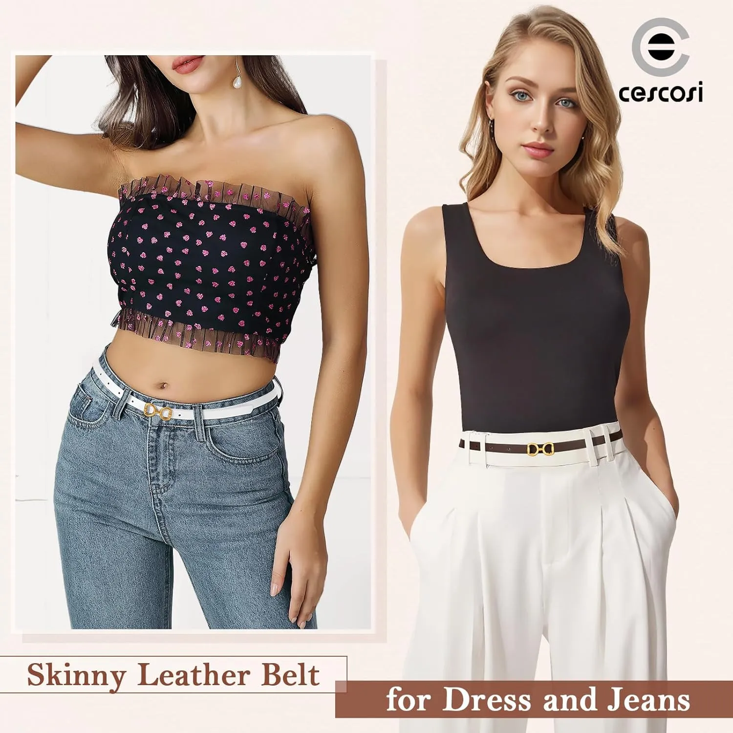 CESCOSI 4 Pack Skinny Women Leather Belt for Dresses Thin Waist Belt for Jeans Pants with Gold Buckle