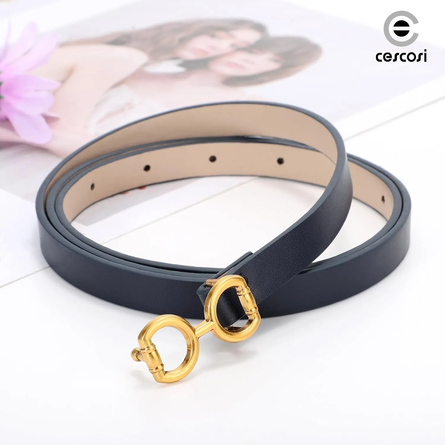 CESCOSI 4 Pack Skinny Women Leather Belt for Dresses Thin Waist Belt for Jeans Pants with Gold Buckle