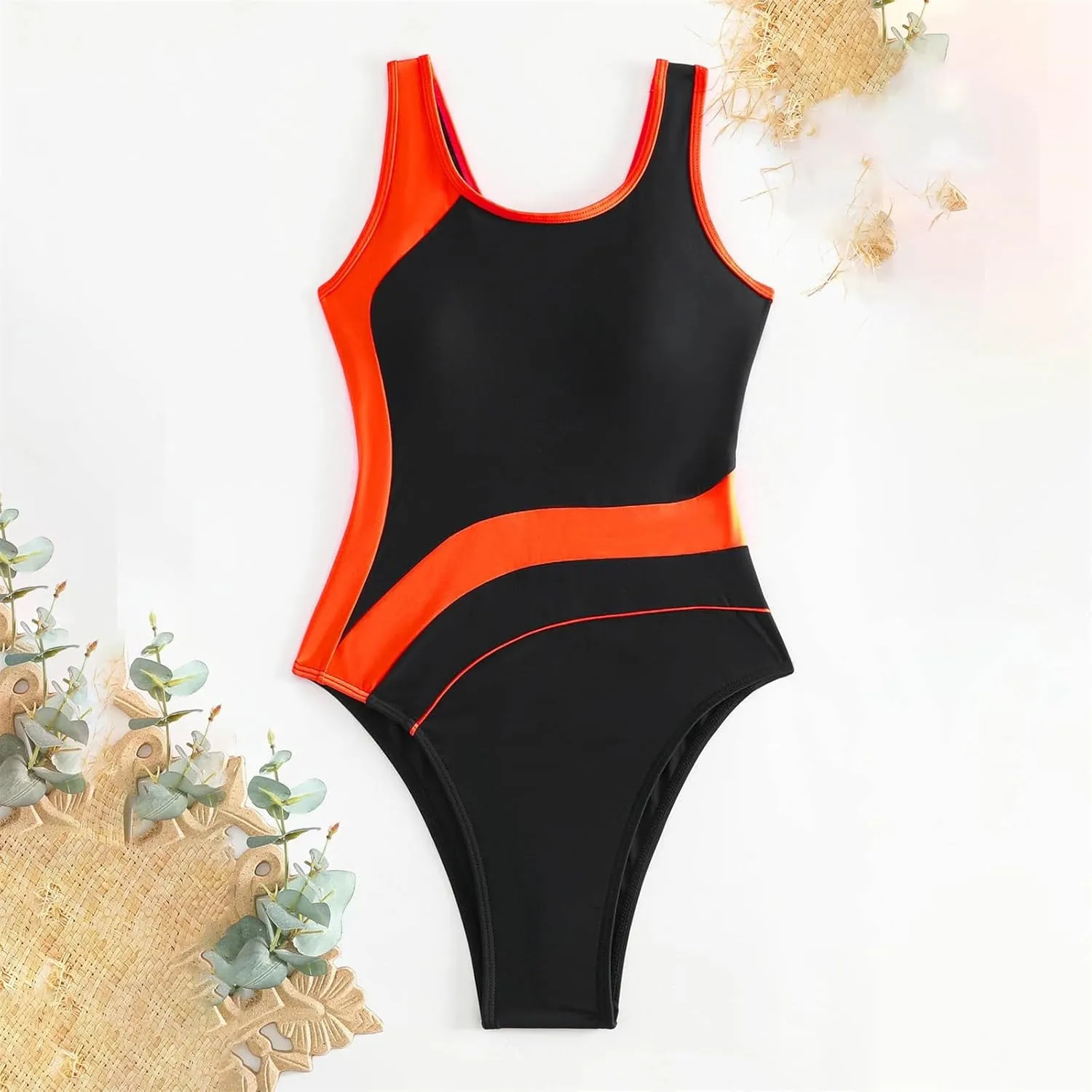 Color Block Women One Piece Swimsuit Tummy Control One-Piece Crewneck Sleeveless Backless Swimwear Cheeky Bathing Suit