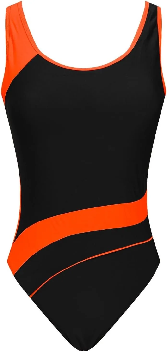 Color Block Women One Piece Swimsuit Tummy Control One-Piece Crewneck Sleeveless Backless Swimwear Cheeky Bathing Suit