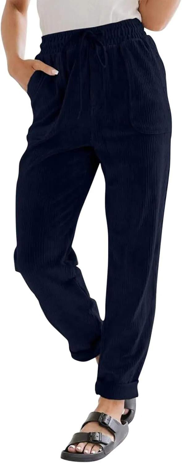 Corduroy Pants Women Casual Elastic High Waisted Straight Leg Pants Soft Comfy Drawstring Lounge Trousers