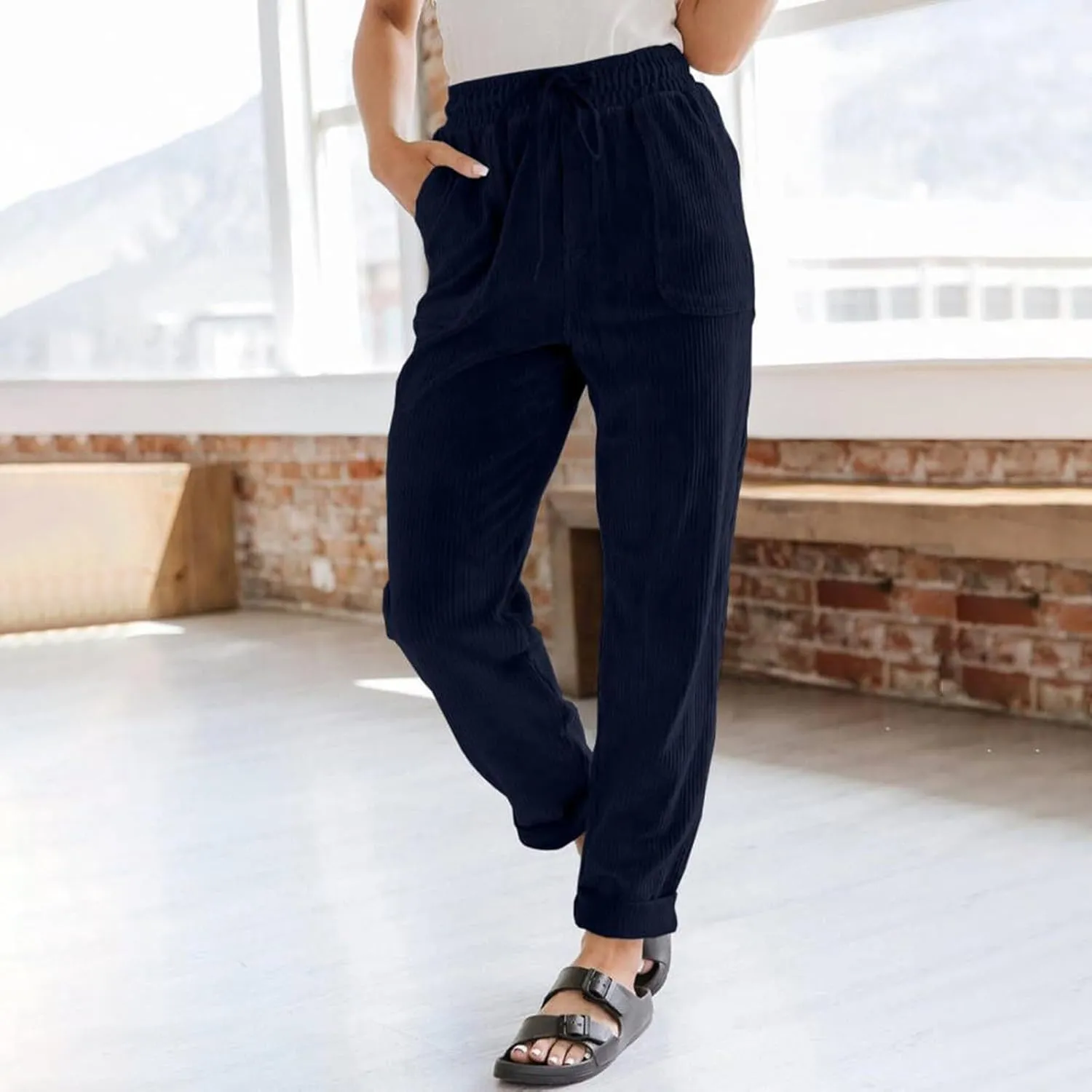 Corduroy Pants Women Casual Elastic High Waisted Straight Leg Pants Soft Comfy Drawstring Lounge Trousers