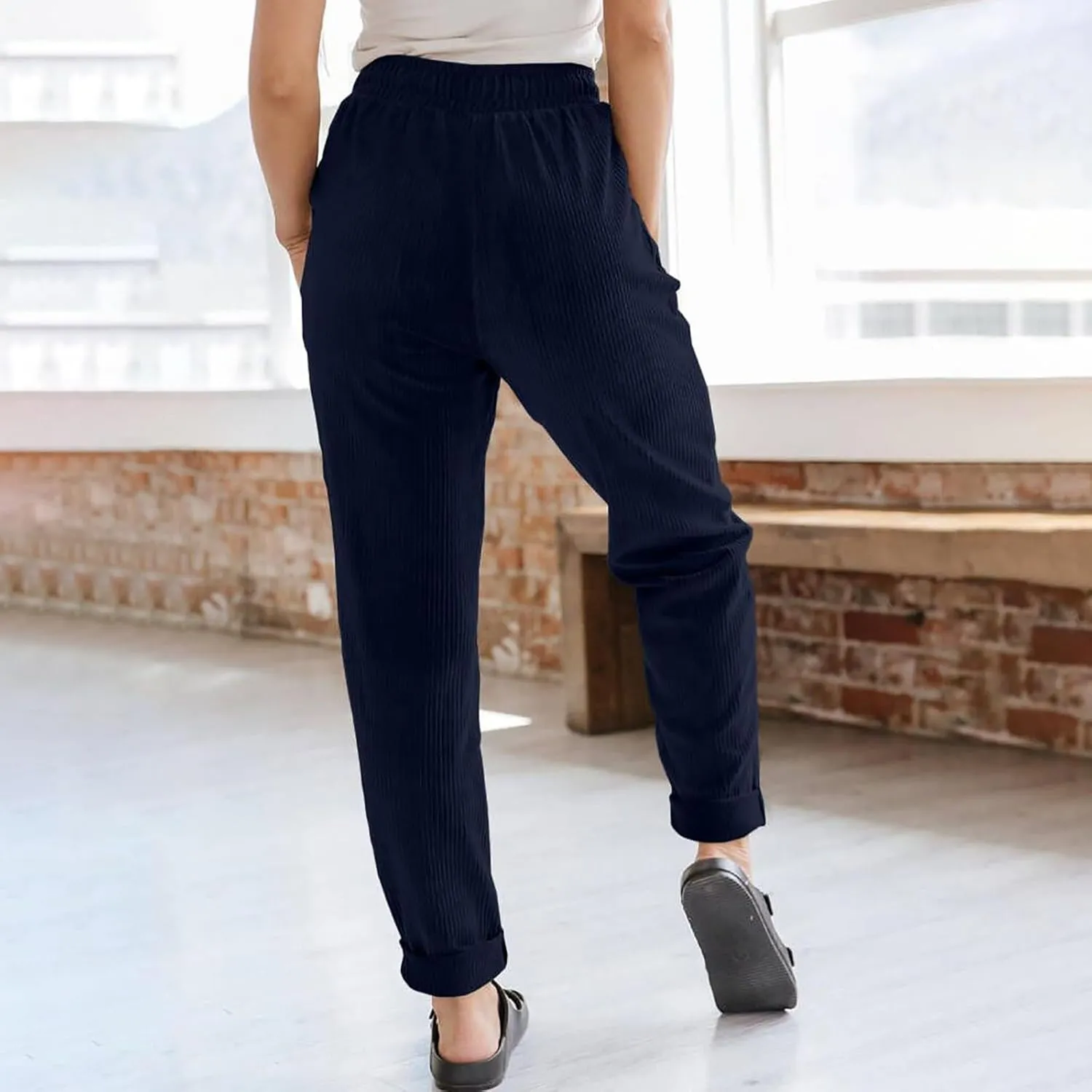 Corduroy Pants Women Casual Elastic High Waisted Straight Leg Pants Soft Comfy Drawstring Lounge Trousers