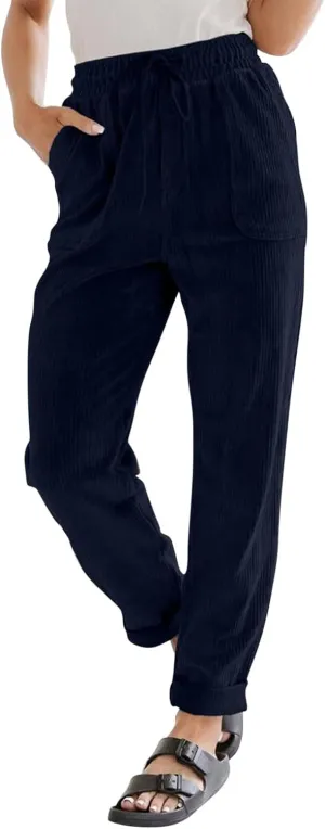 Corduroy Pants Women Casual Elastic High Waisted Straight Leg Pants Soft Comfy Drawstring Lounge Trousers