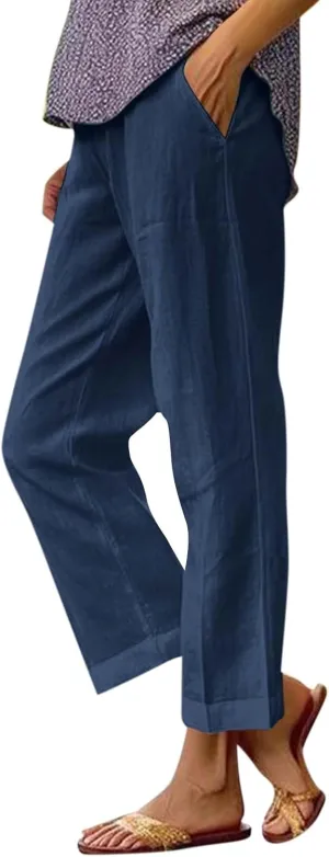 Cotton Linen Pants Women Summer Elastic Straight Leg Pants Plus Size Wide Leg Crop Pants Beach Trousers with Pockets