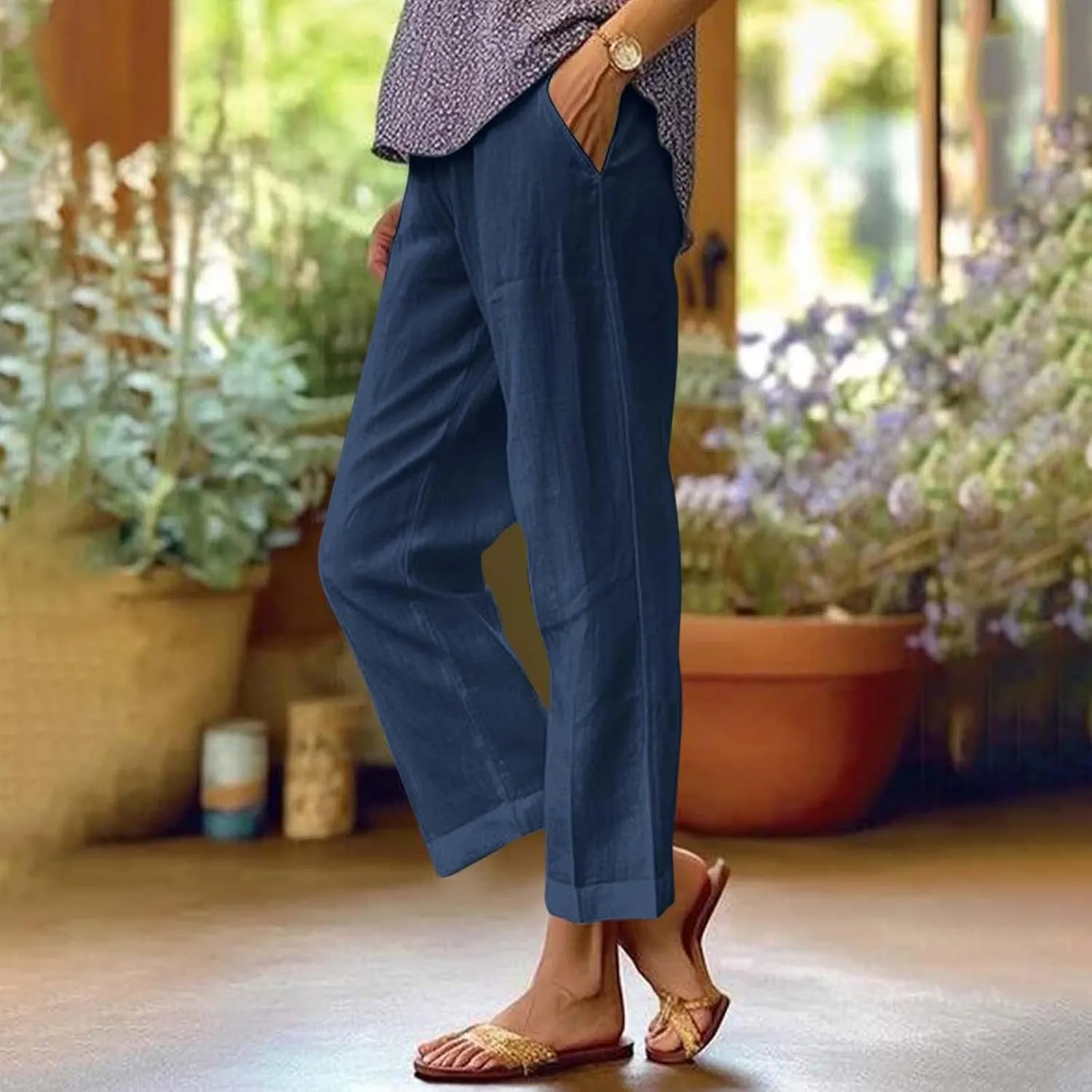 Cotton Linen Pants Women Summer Elastic Straight Leg Pants Plus Size Wide Leg Crop Pants Beach Trousers with Pockets