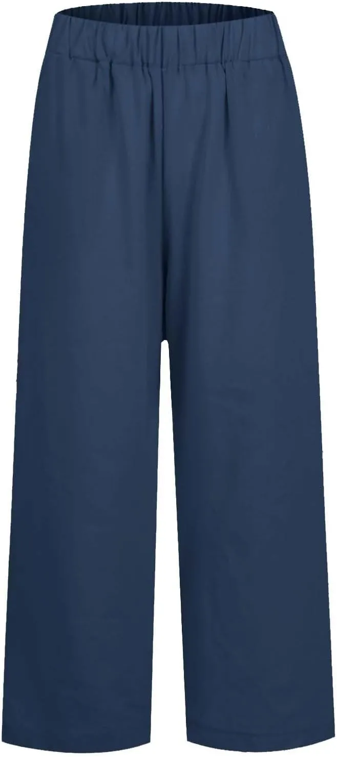 Cotton Linen Pants Women Summer Elastic Straight Leg Pants Plus Size Wide Leg Crop Pants Beach Trousers with Pockets