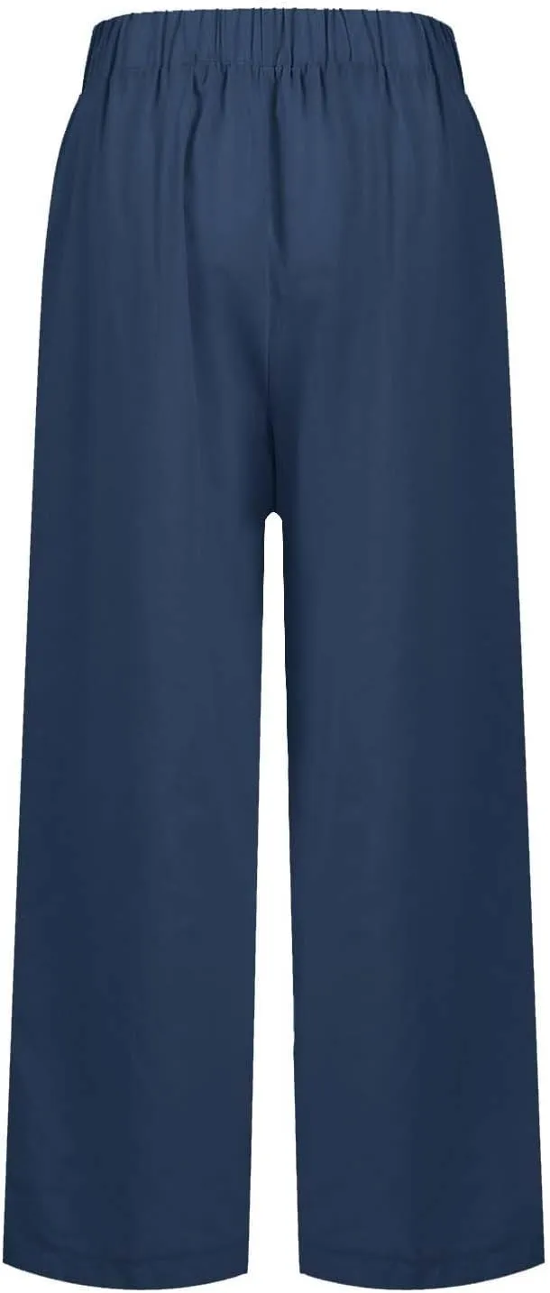 Cotton Linen Pants Women Summer Elastic Straight Leg Pants Plus Size Wide Leg Crop Pants Beach Trousers with Pockets
