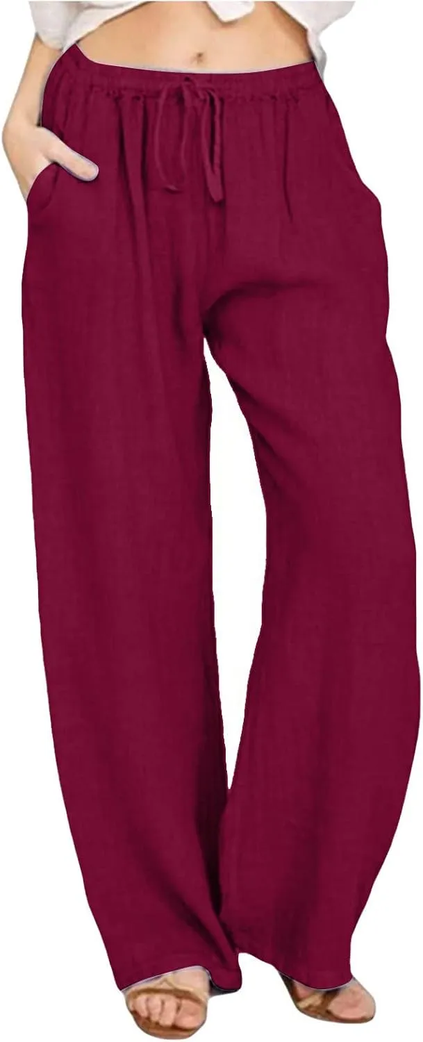 Cotton Linen Pants Women Summer Wide Leg Drawstring High Waisted Palazzo Pants Casual Loose Trousers with Pockets