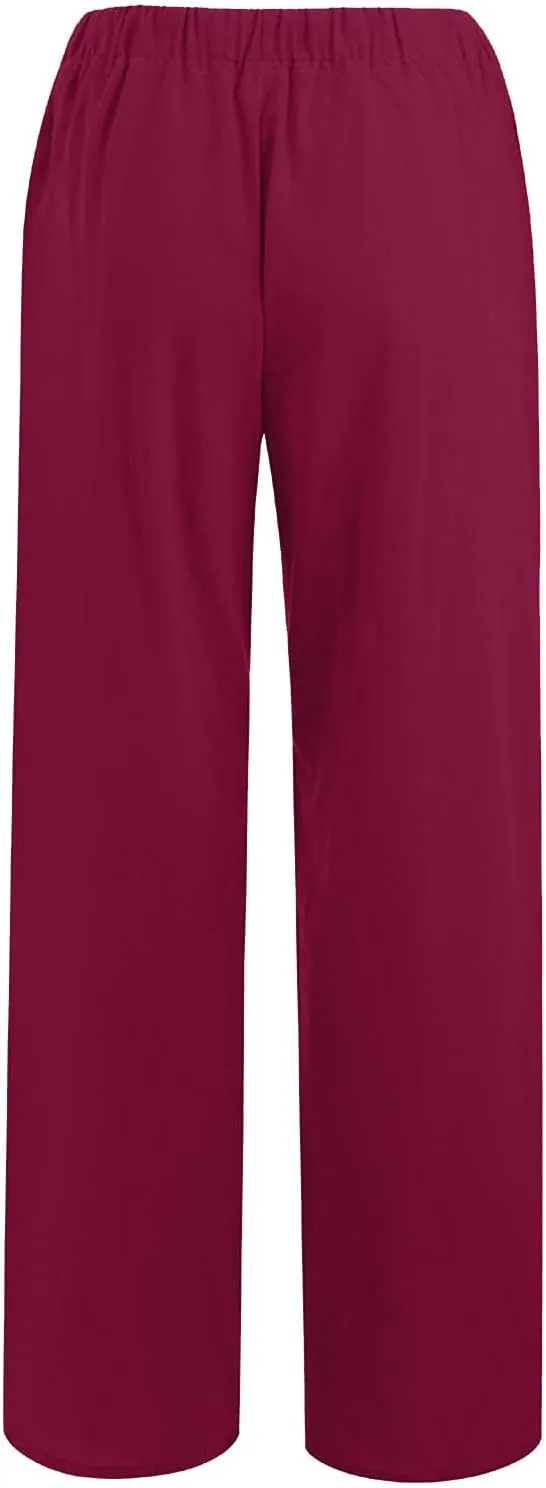 Cotton Linen Pants Women Summer Wide Leg Drawstring High Waisted Palazzo Pants Casual Loose Trousers with Pockets