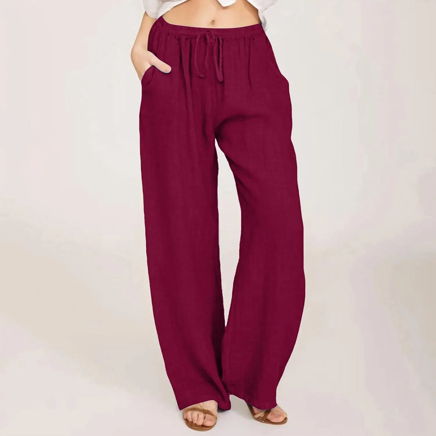 Cotton Linen Pants Women Summer Wide Leg Drawstring High Waisted Palazzo Pants Casual Loose Trousers with Pockets