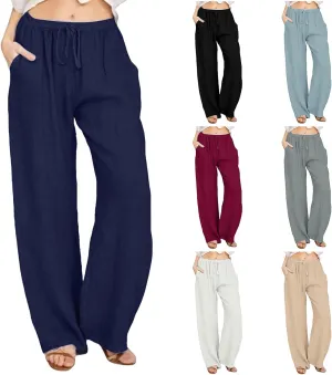 Cotton Linen Pants Women Summer Wide Leg Drawstring High Waisted Palazzo Pants Casual Loose Trousers with Pockets