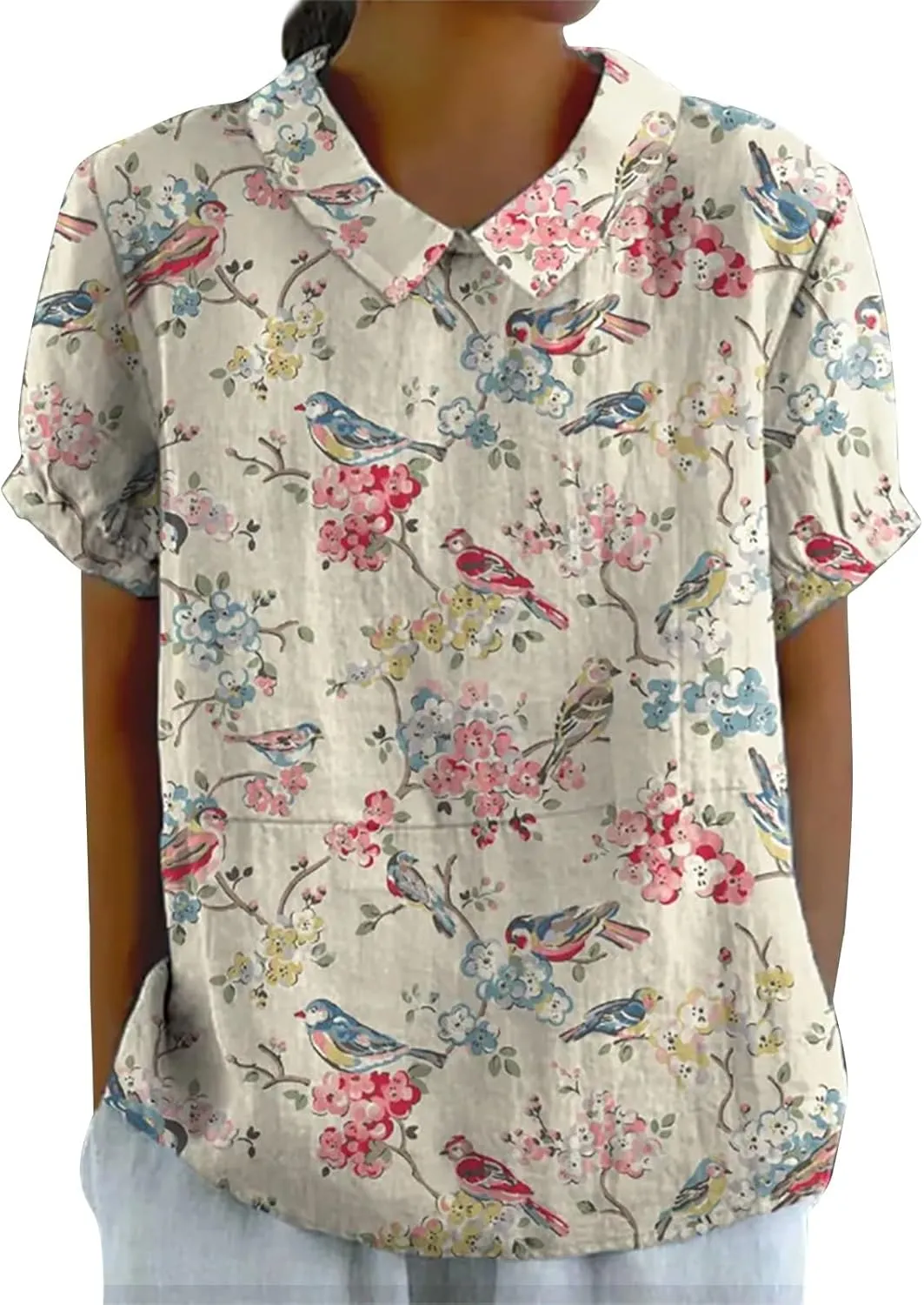 Cotton Linen Shirts for Women Casual Ruffled Trim Short Sleeve Blouses Summer Cute Solid Tops Tunic Tee