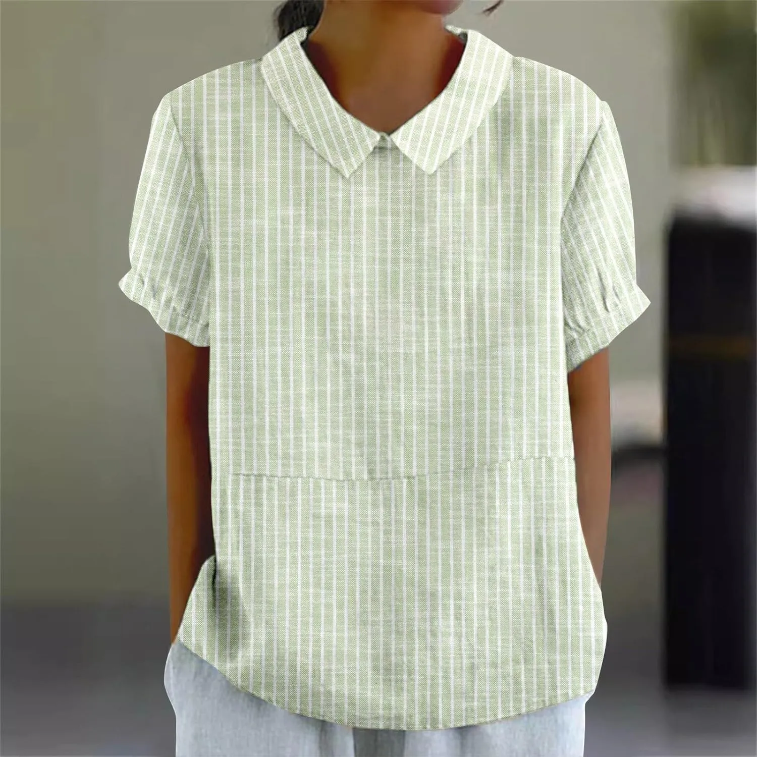 Cotton Linen Shirts for Women Casual Ruffled Trim Short Sleeve Blouses Summer Cute Solid Tops Tunic Tee