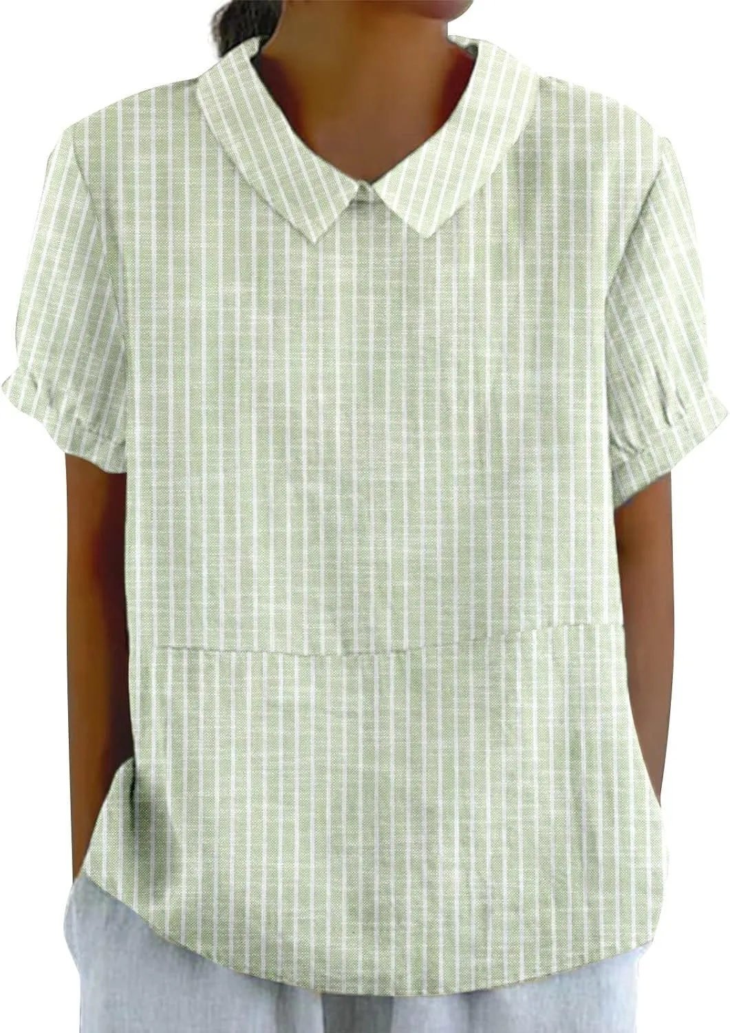Cotton Linen Shirts for Women Casual Ruffled Trim Short Sleeve Blouses Summer Cute Solid Tops Tunic Tee