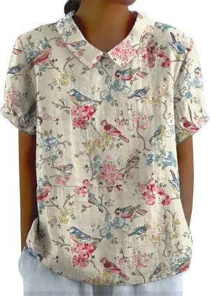 Cotton Linen Shirts for Women Casual Ruffled Trim Short Sleeve Blouses Summer Cute Solid Tops Tunic Tee