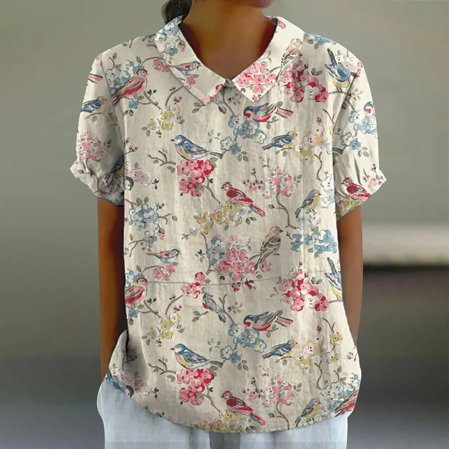 Cotton Linen Shirts for Women Casual Ruffled Trim Short Sleeve Blouses Summer Cute Solid Tops Tunic Tee