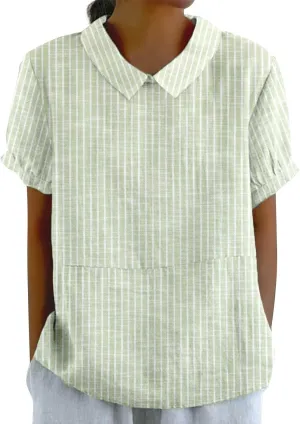 Cotton Linen Shirts for Women Casual Ruffled Trim Short Sleeve Blouses Summer Cute Solid Tops Tunic Tee