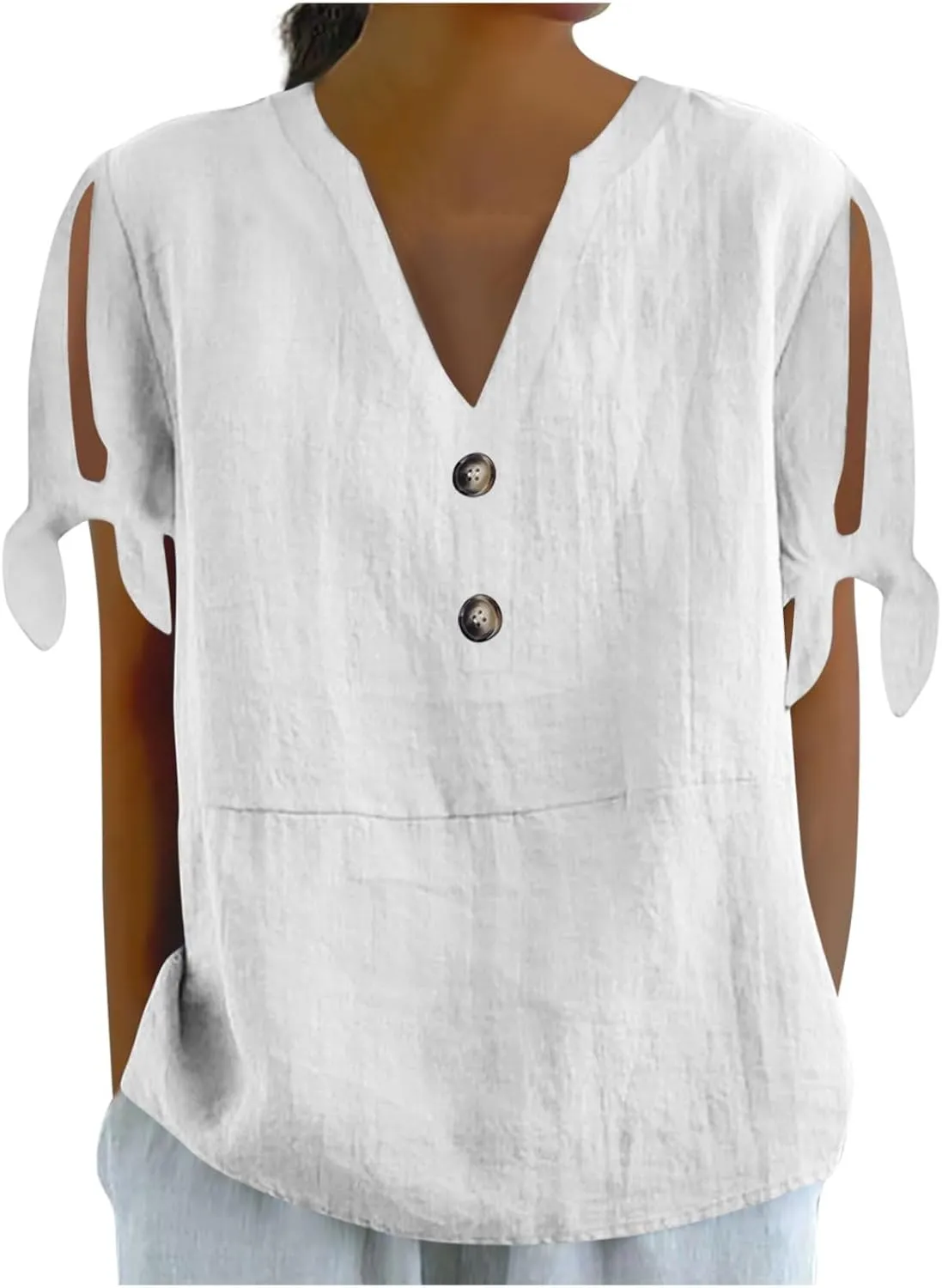 Cotton Linen Shirts for Women Cold Shoulder Knot Short Sleeve V Neck Tops Button Trendy Business Work Blouses