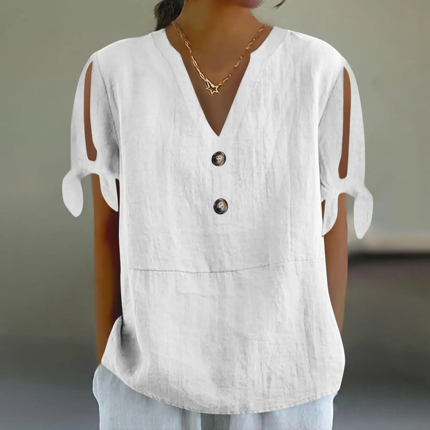 Cotton Linen Shirts for Women Cold Shoulder Knot Short Sleeve V Neck Tops Button Trendy Business Work Blouses