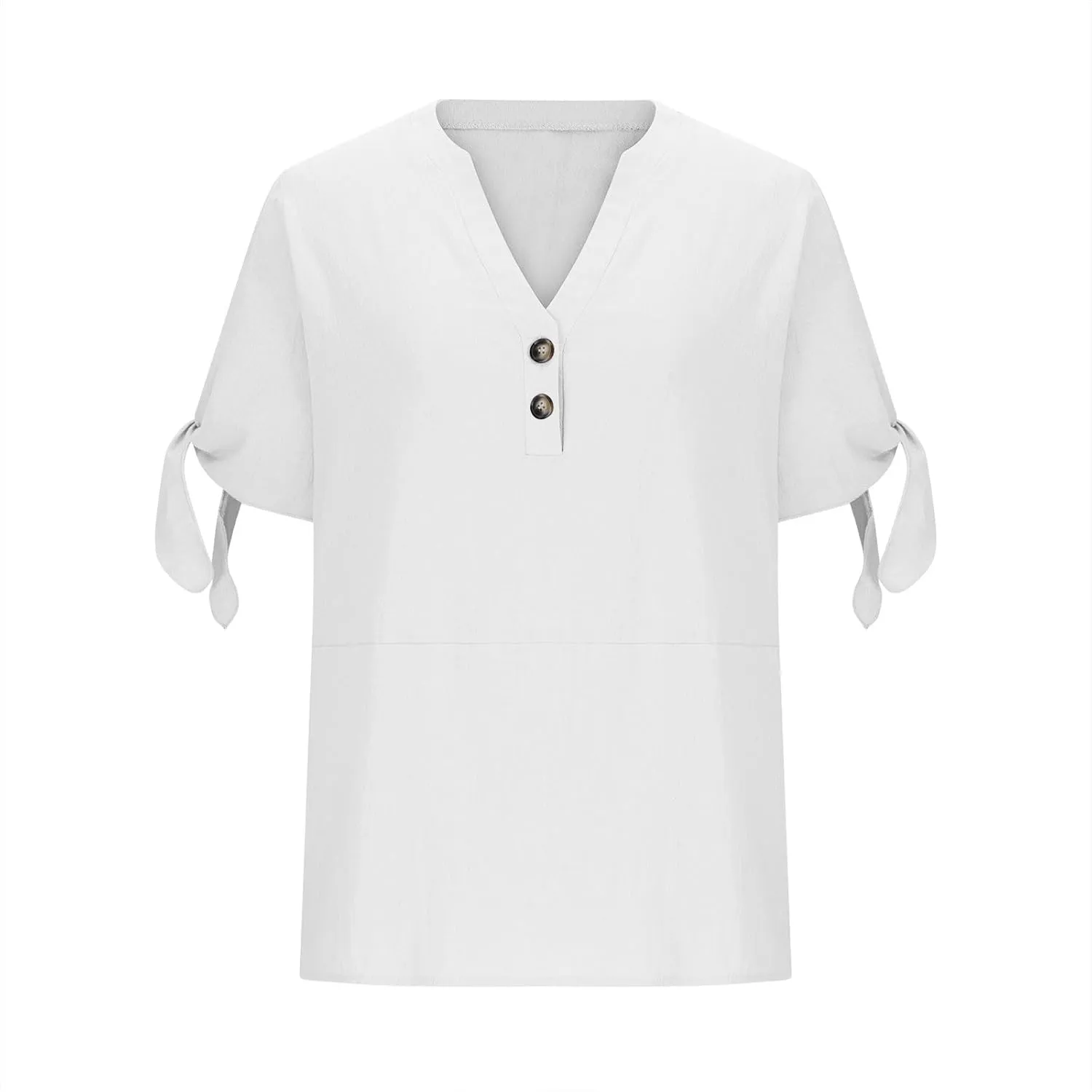 Cotton Linen Shirts for Women Cold Shoulder Knot Short Sleeve V Neck Tops Button Trendy Business Work Blouses