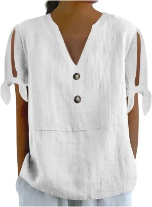 Cotton Linen Shirts for Women Cold Shoulder Knot Short Sleeve V Neck Tops Button Trendy Business Work Blouses