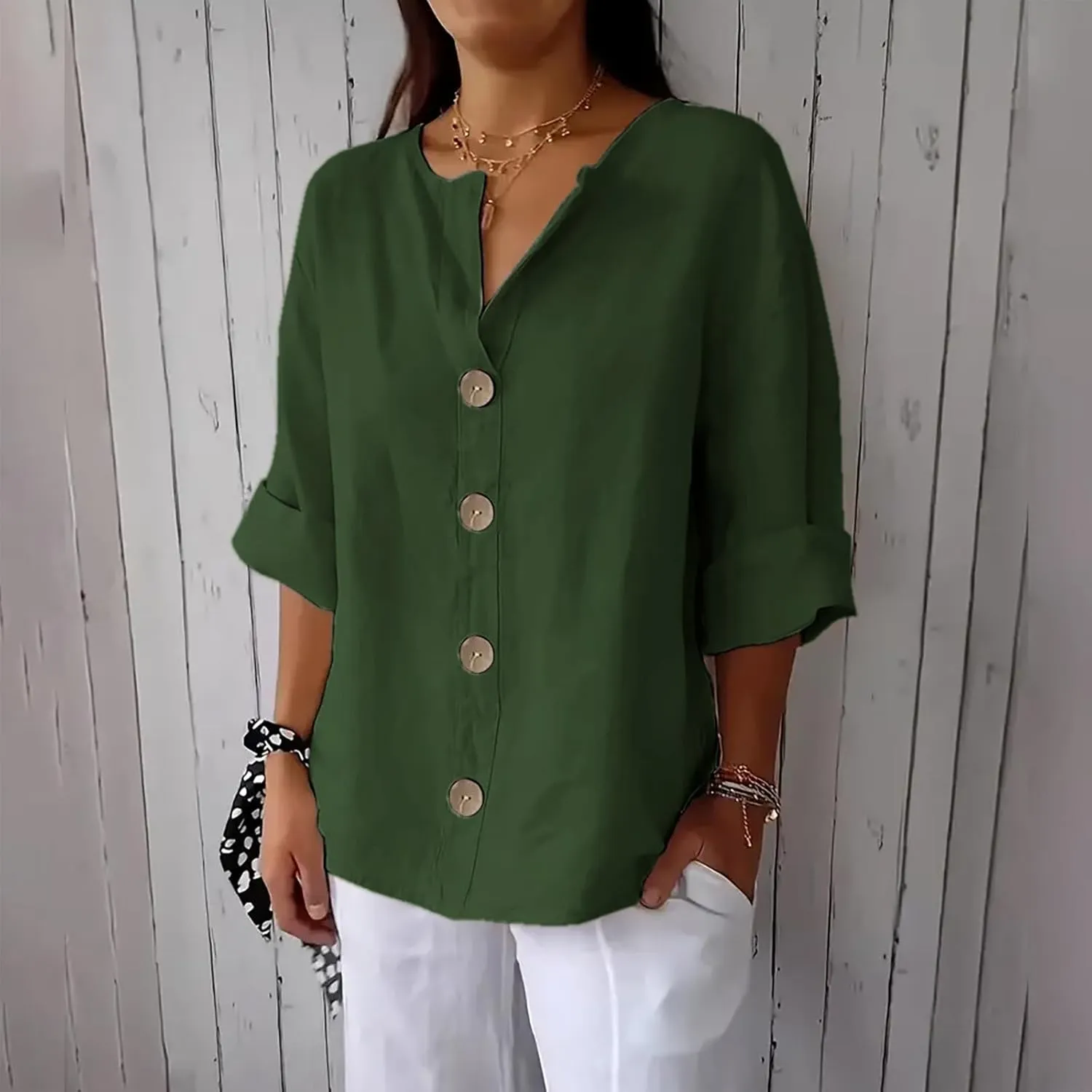 Cotton Linen Shirts for Women Long Sleeve V-Neck Button Down Blouses Solid Color Casual Loose Summer Tops