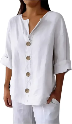 Cotton Linen Shirts for Women Long Sleeve V-Neck Button Down Blouses Solid Color Casual Loose Summer Tops