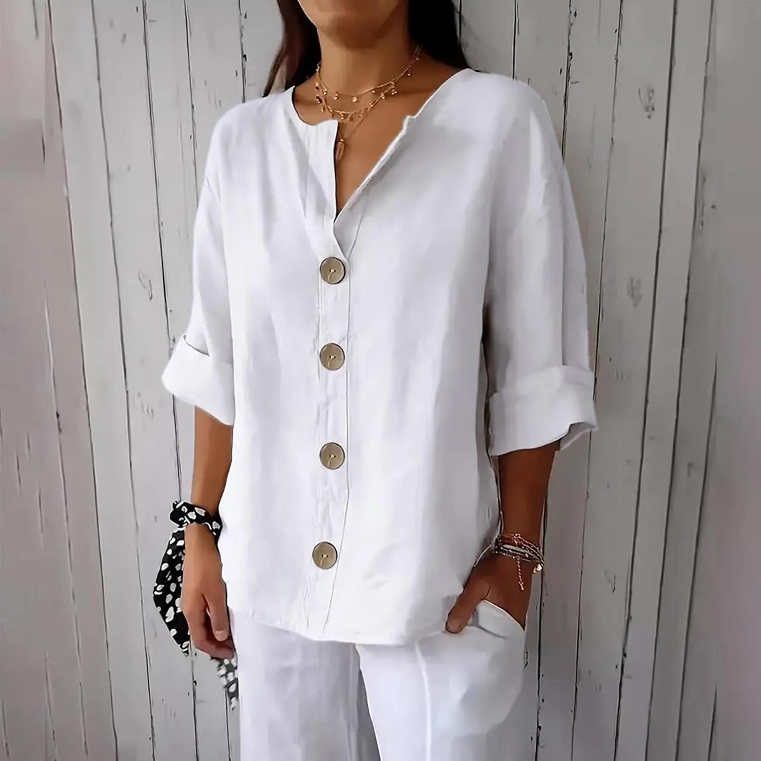 Cotton Linen Shirts for Women Long Sleeve V-Neck Button Down Blouses Solid Color Casual Loose Summer Tops