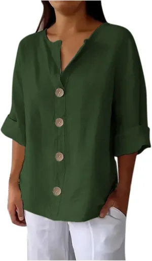 Cotton Linen Shirts for Women Long Sleeve V-Neck Button Down Blouses Solid Color Casual Loose Summer Tops