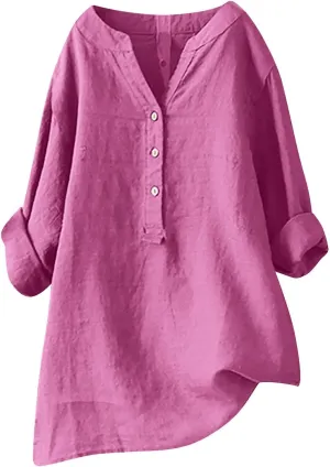 Cotton Linen Shirts for Women Plus Size V Neck Long Sleeve Summer Tops Casual Loose Fit Vintage Blouse Tunic Top 2025