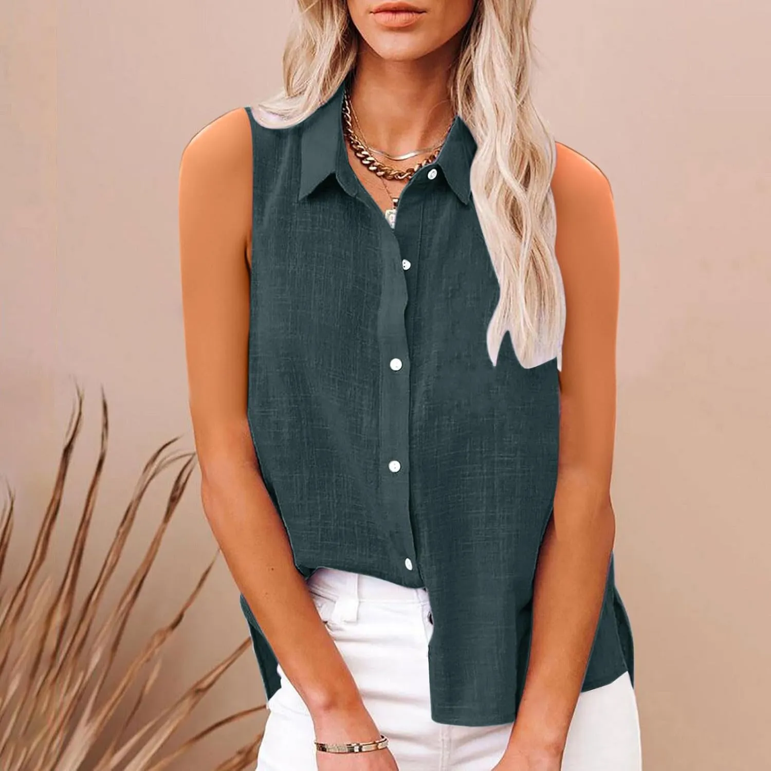 Cotton Linen Shirts for Women Sleeveless Collared Tops Oversized Button Up Blouses Work Shirts Casual Summer Tshirt