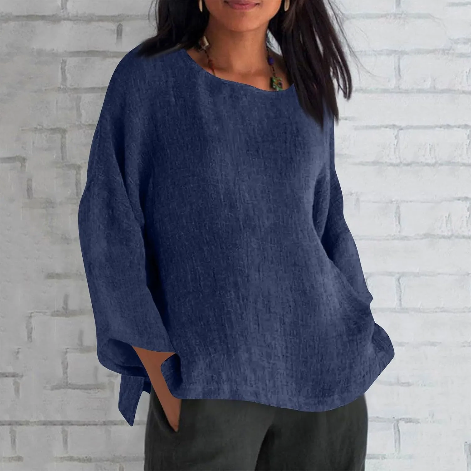 Cotton Linen Shirts for Women Solid Color Basic Long Sleeve Tee Tops Summer Casual Crew Neck Split Hem Tunic Blouses
