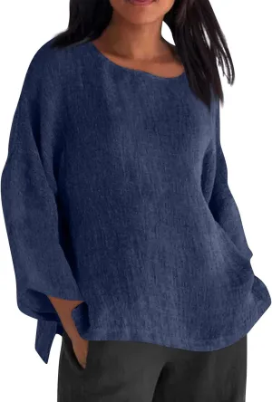 Cotton Linen Shirts for Women Solid Color Basic Long Sleeve Tee Tops Summer Casual Crew Neck Split Hem Tunic Blouses