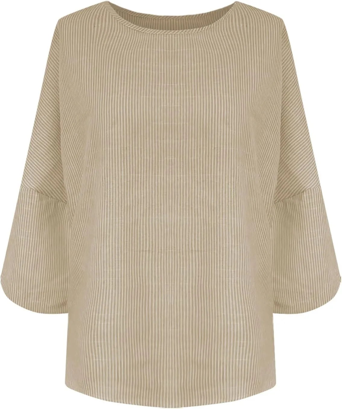 Cotton Linen Shirts for Women Striped 3/4 Sleeve Tops Summer Casual Round Neck Pullover Blouse Ladies Tunic Tshirt