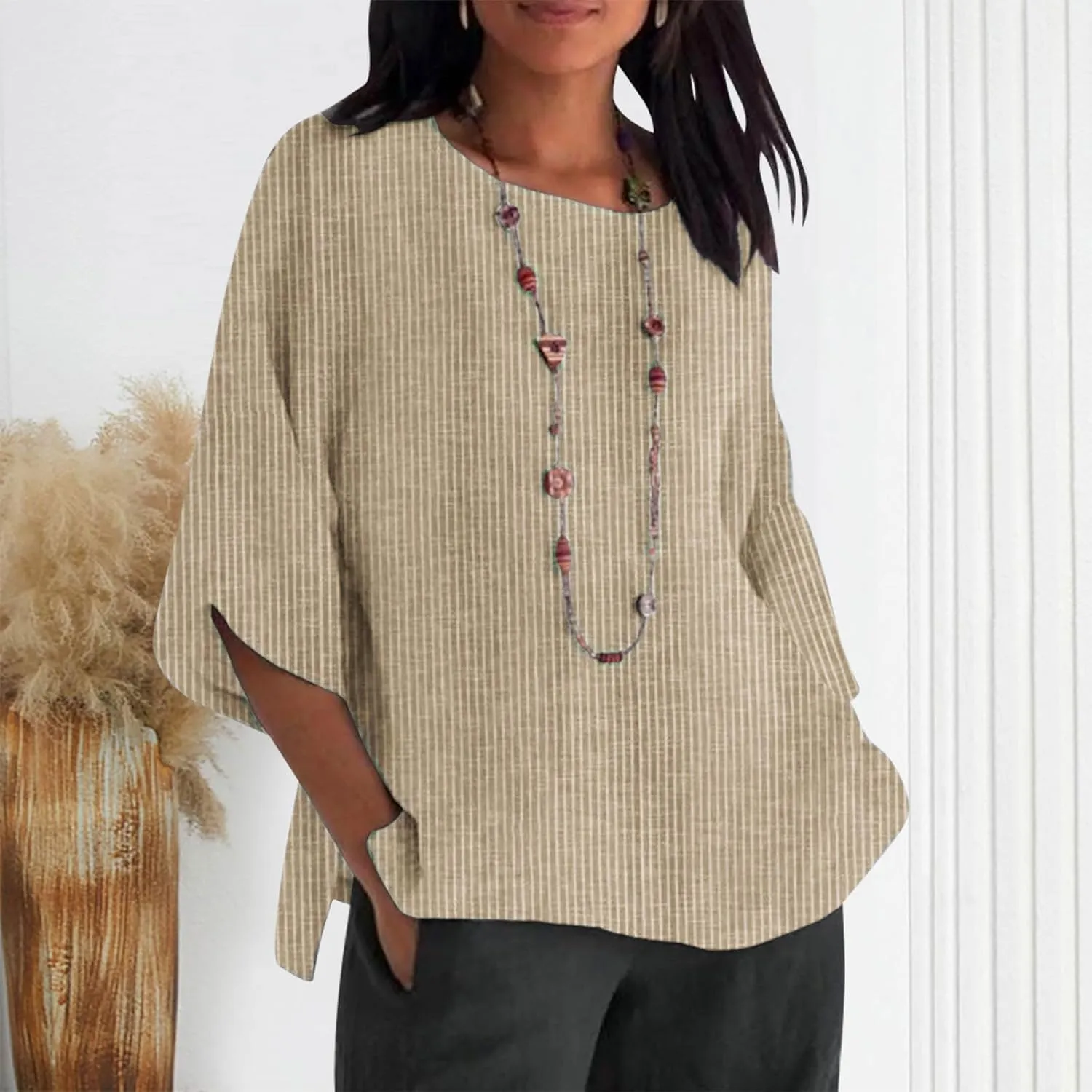 Cotton Linen Shirts for Women Striped 3/4 Sleeve Tops Summer Casual Round Neck Pullover Blouse Ladies Tunic Tshirt