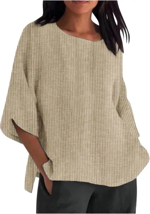 Cotton Linen Shirts for Women Striped 3/4 Sleeve Tops Summer Casual Round Neck Pullover Blouse Ladies Tunic Tshirt