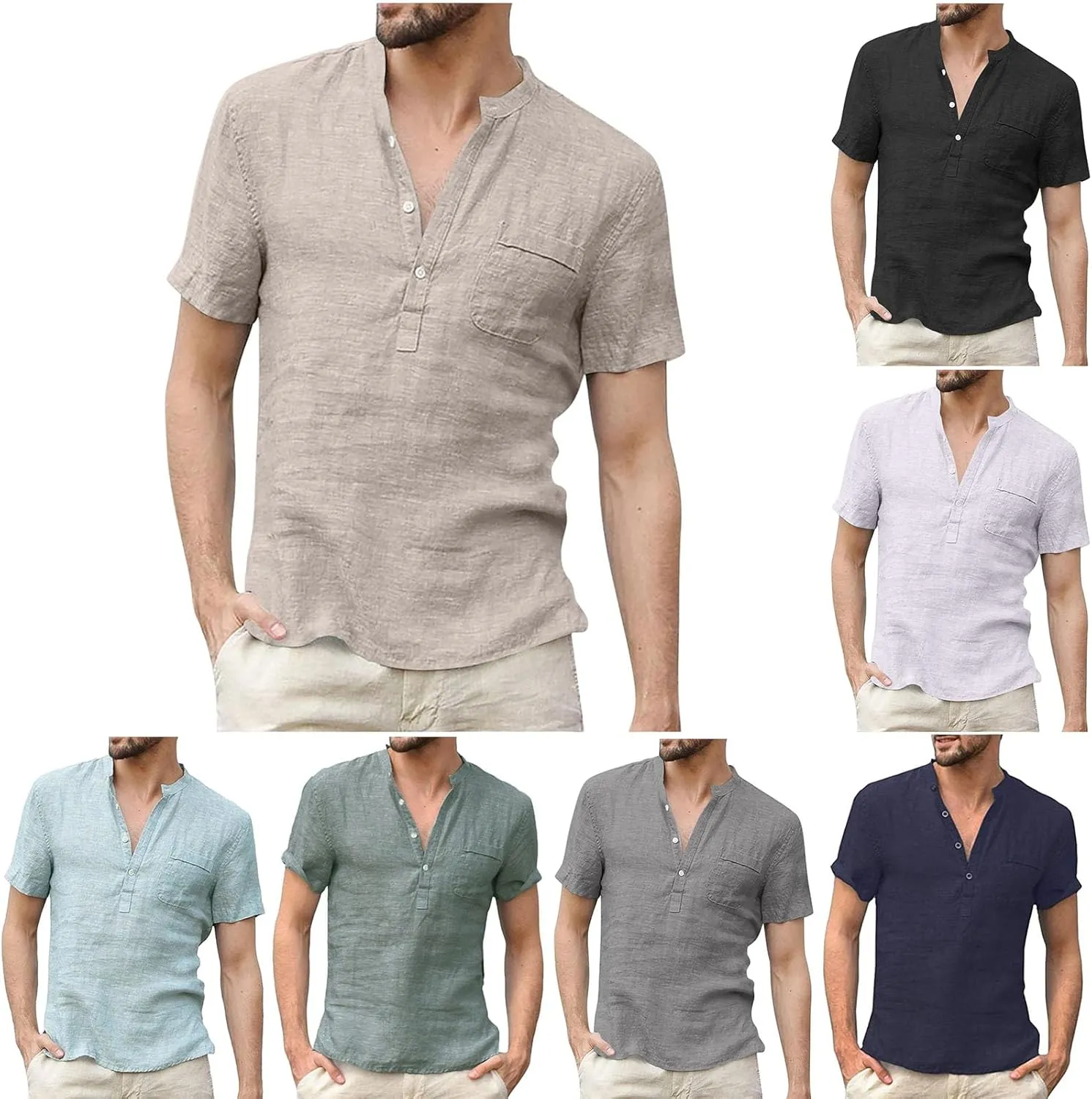 Cotton Linen Short Sleeve Shirts for Men Vintage Lightweight Button Up Hawaiian Beach T-Shirts Casual Pullover Tees