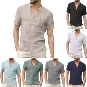 Cotton Linen Short Sleeve Shirts for Men Vintage Lightweight Button Up Hawaiian Beach T-Shirts Casual Pullover Tees