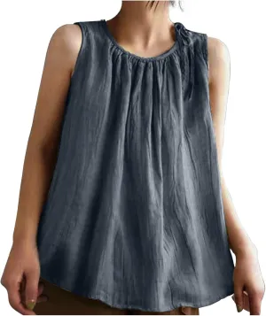 Cotton Linen Tank Tops for Women Summer Vacation Lounge Tops Loose Fit Sleeveless Round Neck Shirts Beach Tees