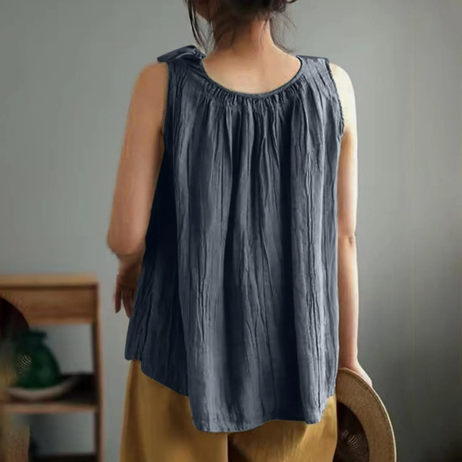 Cotton Linen Tank Tops for Women Summer Vacation Lounge Tops Loose Fit Sleeveless Round Neck Shirts Beach Tees