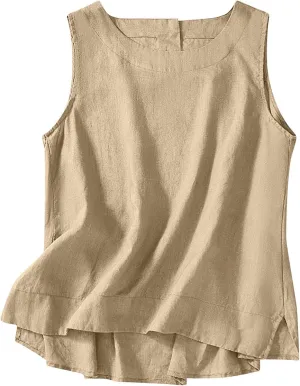 Cotton Linen Tank Tops for Women Summer Vacation Tops Loose Fit Sleeveless Round Neck Shirts Beach Tees Vests