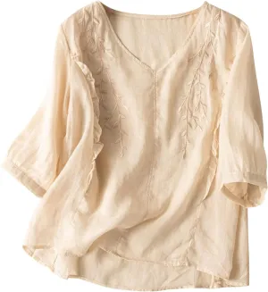 Cotton Linen Tops for Women Summer Casual 3/4 Sleeve T Shirts Lightweight Ethnic Style Embroidery Blouses Tees