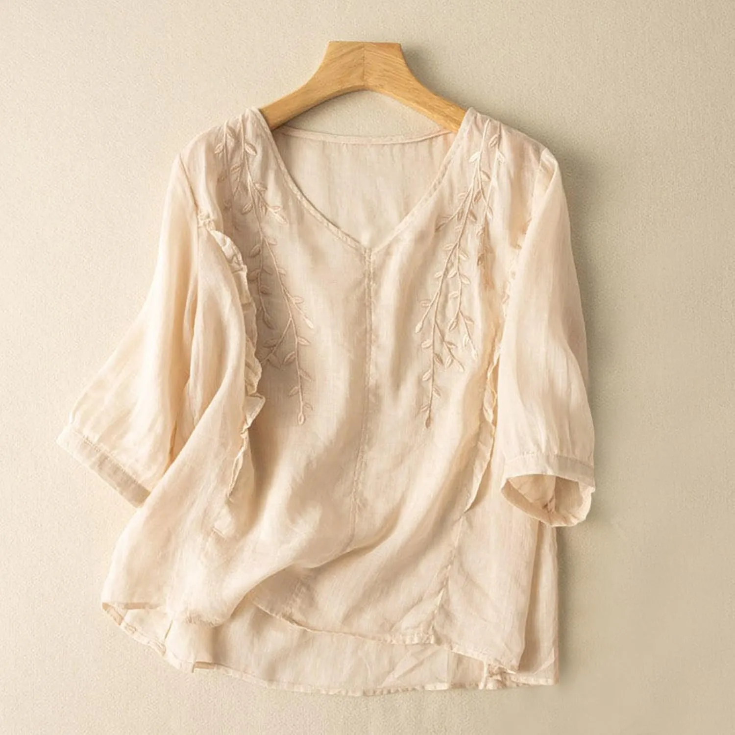 Cotton Linen Tops for Women Summer Casual 3/4 Sleeve T Shirts Lightweight Ethnic Style Embroidery Blouses Tees